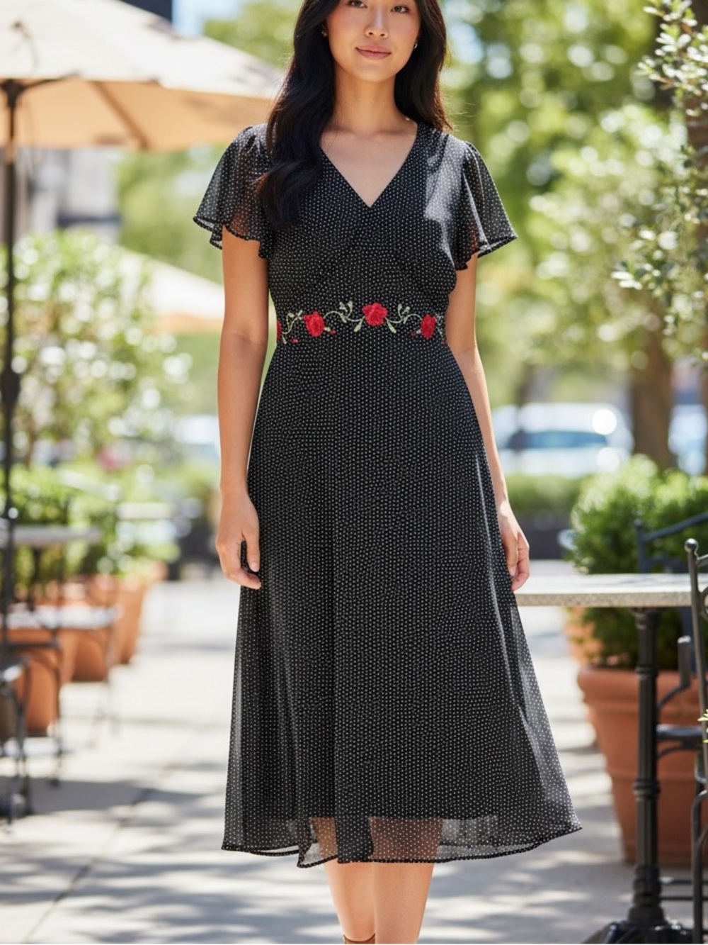 Black Dot Midi Dress with Red Floral Waist Accent